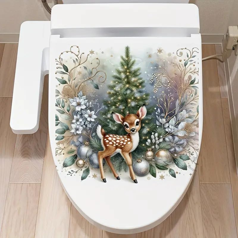 DIDOSOFT Christmas Festive Deer and Tree Toilet Cover Sticker Decals,Fish Bird Flower Leaf Waterproof Toilet Lid Tank Seat Decals Cistern Self-Adhesive Bathroom Wall Sticker - Image 5